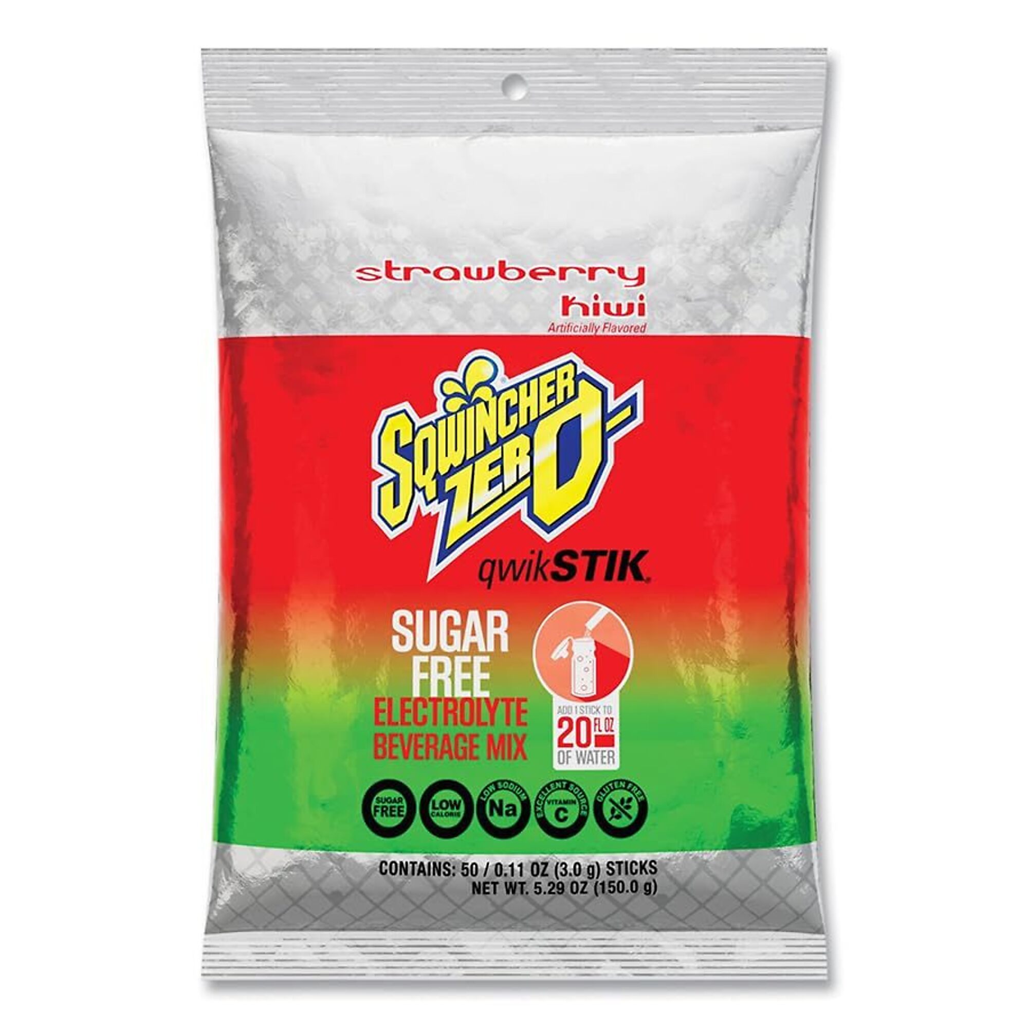 Sqwincher Zero Qwik Stik Sugar Free Electrolyte Powder Packets, Strawberry Kiwi, 0.11 oz, Makes 20 oz, 50 Count